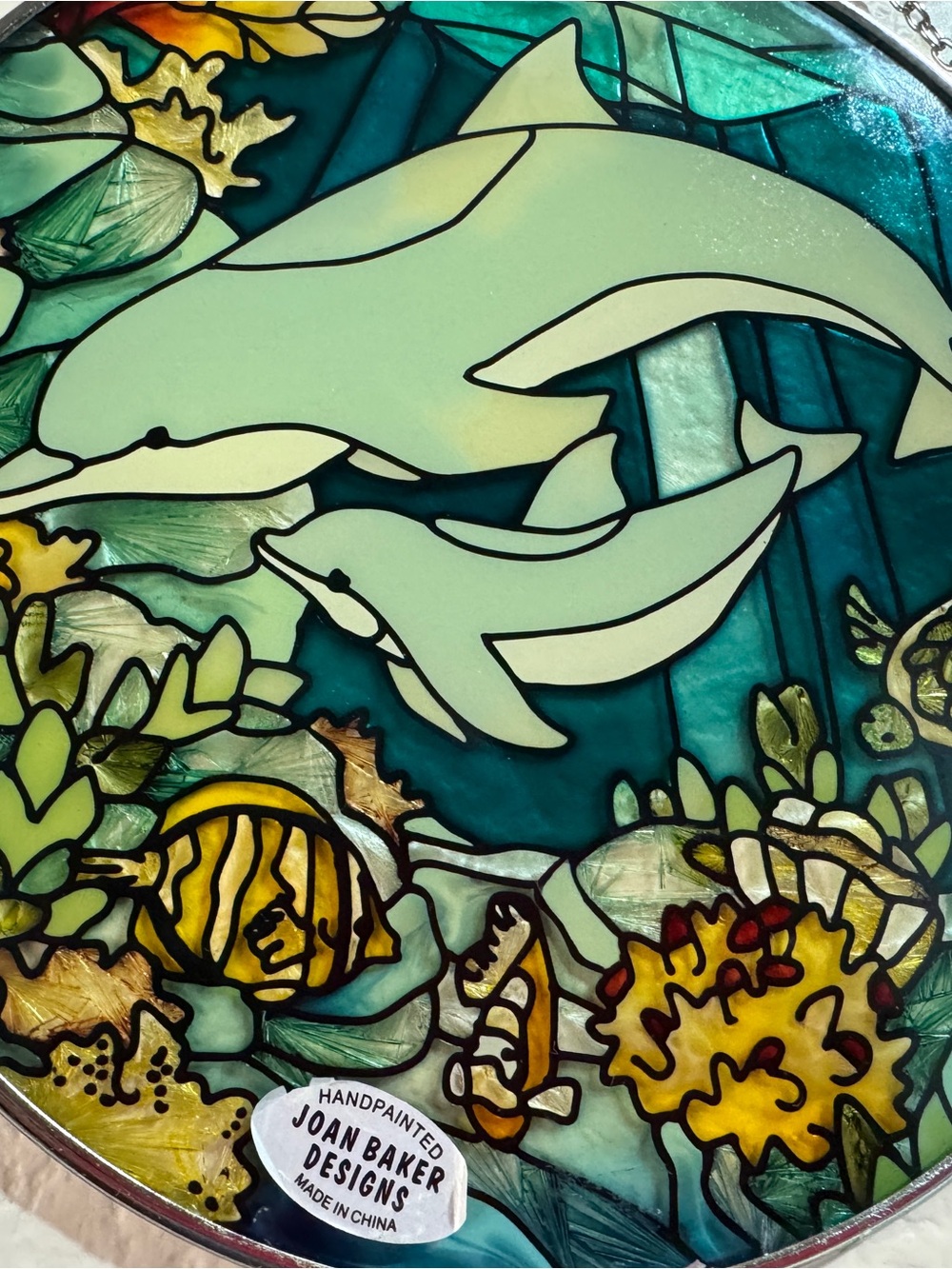 Teal & Cream Dolphin Seascape Stained Glass Wall Art by Joan Baker Designs